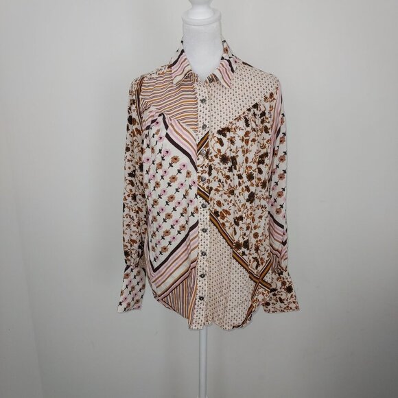 Free People Hazel Patchwork Button Down Blouse in Tea Combo Size XS - Picture 6 of 13